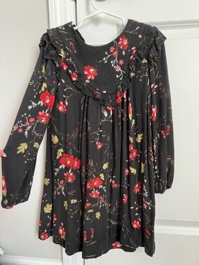Zara Black Floral Long-Sleeve Dress with Red and Gold Accents